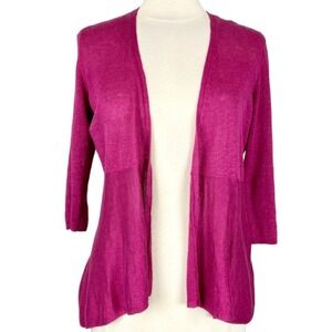 Eileen Fisher Linen Silk Open Front Thin Cardigan Sz L Magenta Classic Preppy